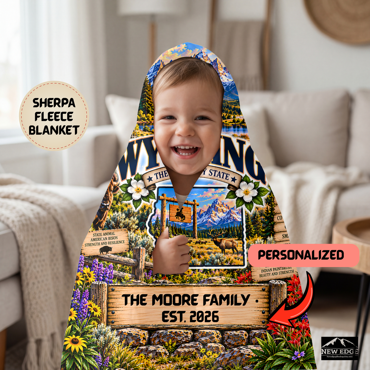 Wyoming Personalized Sherpa Fleece Blanket, Grand Tetons, Yellowstone, Bison, Cowboy Western Decor