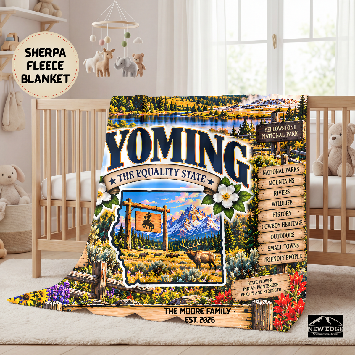 Wyoming Personalized Sherpa Fleece Blanket, Grand Tetons, Yellowstone, Bison, Cowboy Western Decor