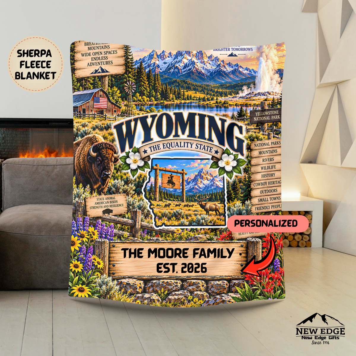 Wyoming Personalized Sherpa Fleece Blanket, Grand Tetons, Yellowstone, Bison, Cowboy Western Decor