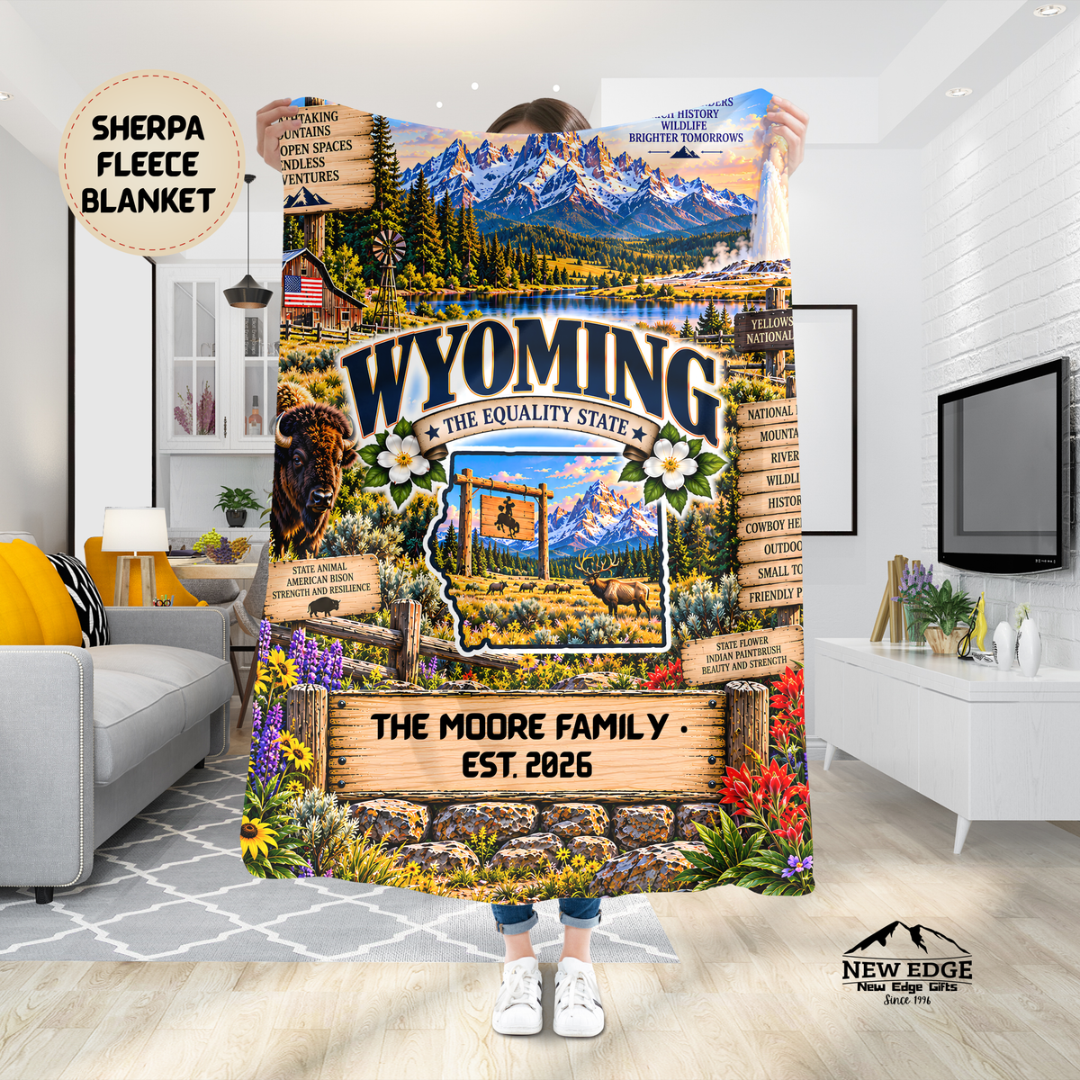 Wyoming Personalized Sherpa Fleece Blanket, Grand Tetons, Yellowstone, Bison, Cowboy Western Decor