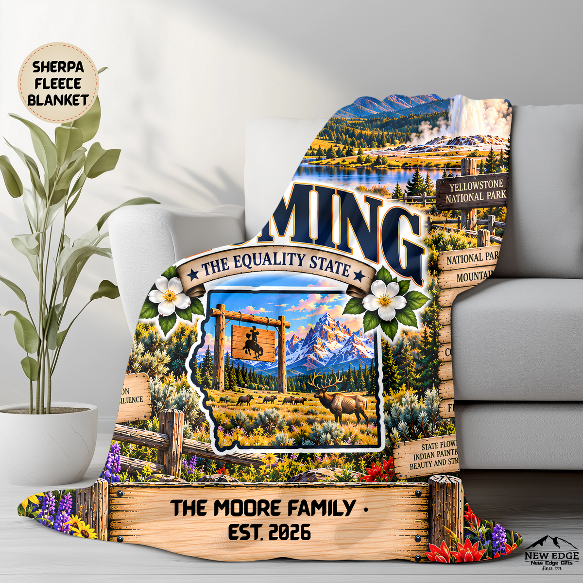 Wyoming Personalized Sherpa Fleece Blanket, Grand Tetons, Yellowstone, Bison, Cowboy Western Decor