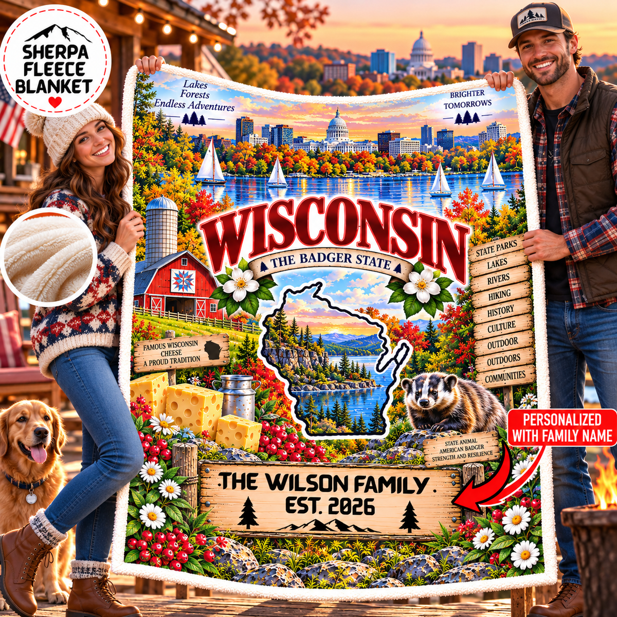 Wisconsin Personalized Sherpa Fleece Blanket, Scenic Lakes, Dairy Farm, Lighthouse, Cheese State Decor