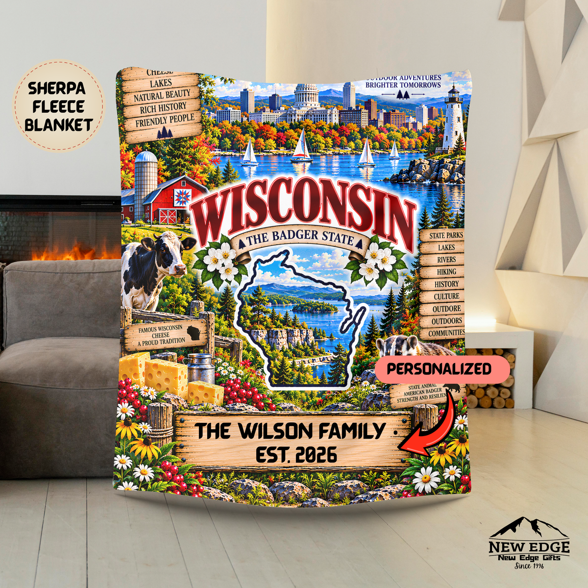 Wisconsin Personalized Sherpa Fleece Blanket, Scenic Lakes, Dairy Farm, Lighthouse, Cheese State Decor