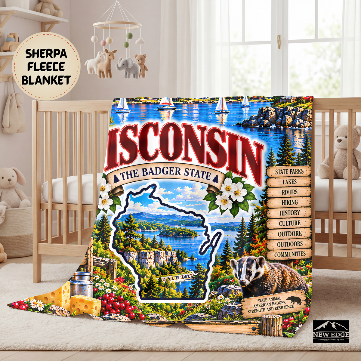 Wisconsin Personalized Sherpa Fleece Blanket, Scenic Lakes, Dairy Farm, Lighthouse, Cheese State Decor