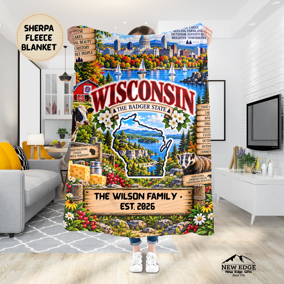 Wisconsin Personalized Sherpa Fleece Blanket, Scenic Lakes, Dairy Farm, Lighthouse, Cheese State Decor
