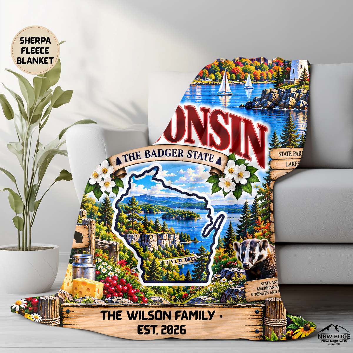 Wisconsin Personalized Sherpa Fleece Blanket, Scenic Lakes, Dairy Farm, Lighthouse, Cheese State Decor