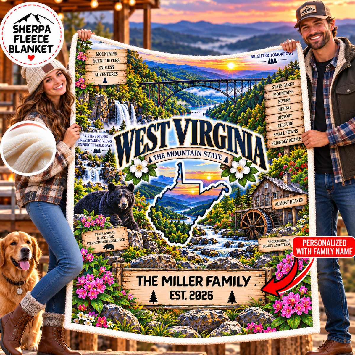 West Virginia Personalized Sherpa Fleece Blanket, New River Gorge, Black Bear, Appalachian Mountains