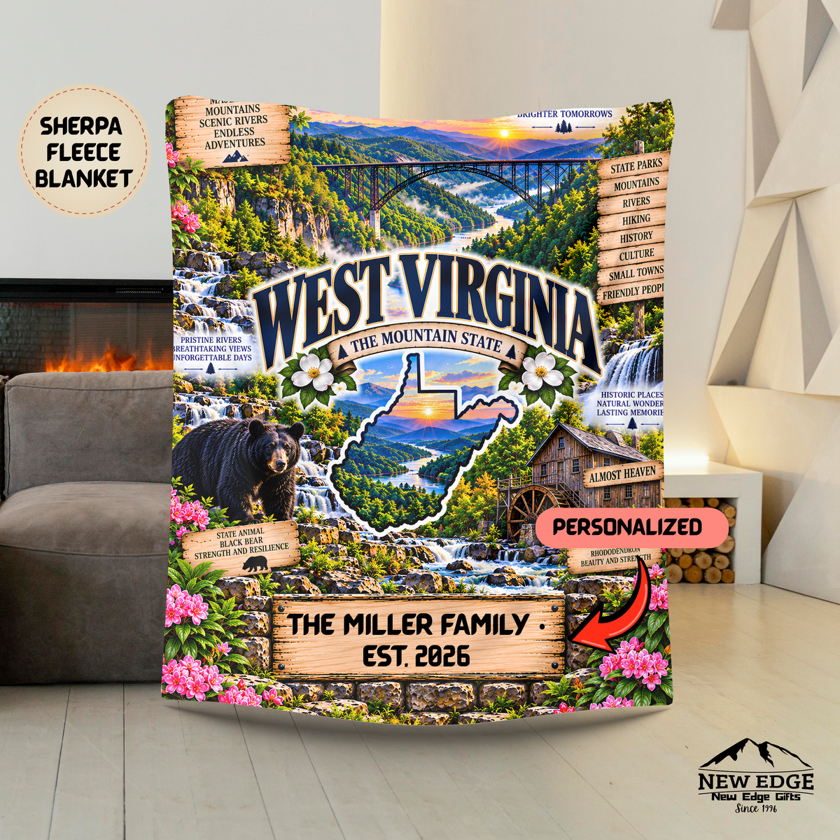 West Virginia Personalized Sherpa Fleece Blanket, New River Gorge, Black Bear, Appalachian Mountains
