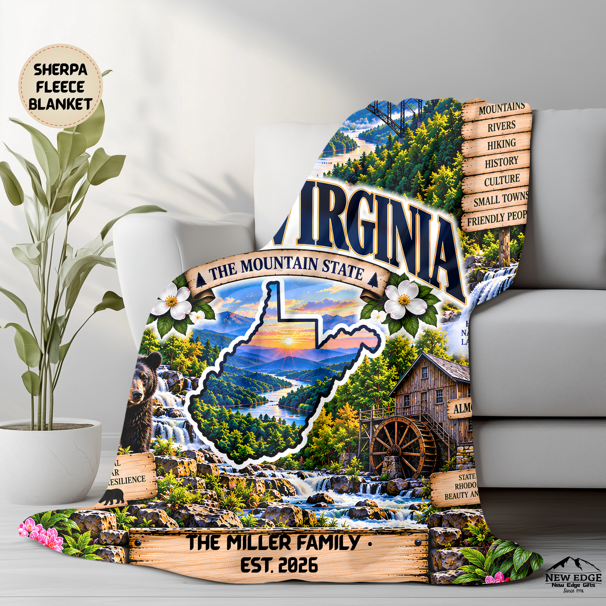West Virginia Personalized Sherpa Fleece Blanket, New River Gorge, Black Bear, Appalachian Mountains