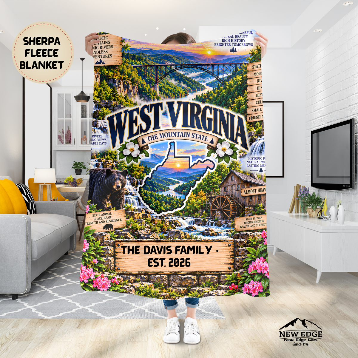 West Virginia Personalized Sherpa Fleece Blanket, New River Gorge, Black Bear, Appalachian Mountains