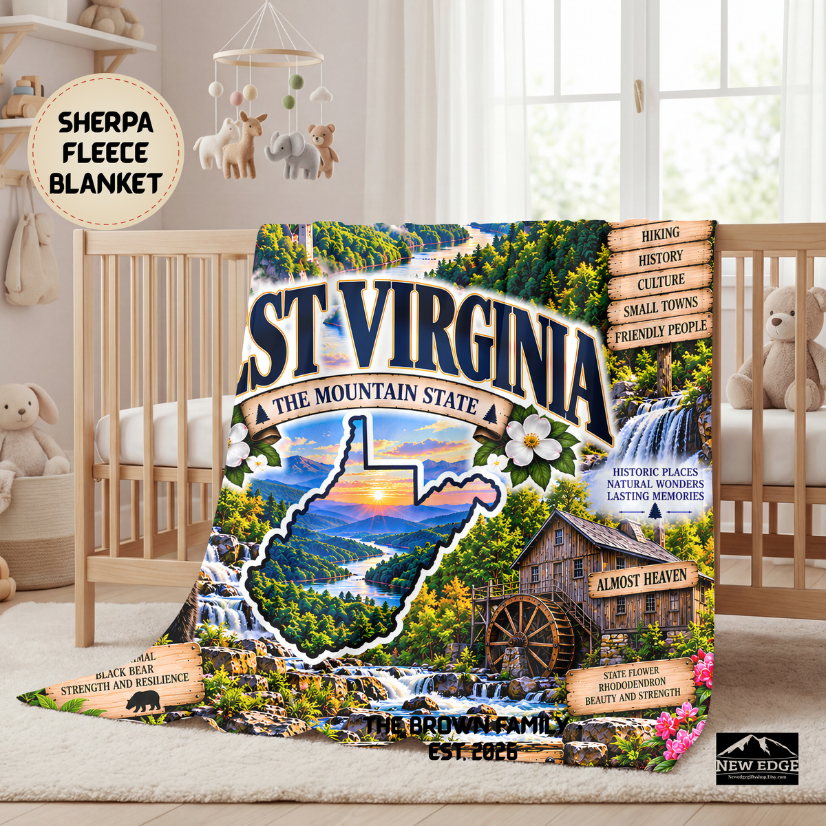 West Virginia Personalized Sherpa Fleece Blanket, New River Gorge, Black Bear, Appalachian Mountains