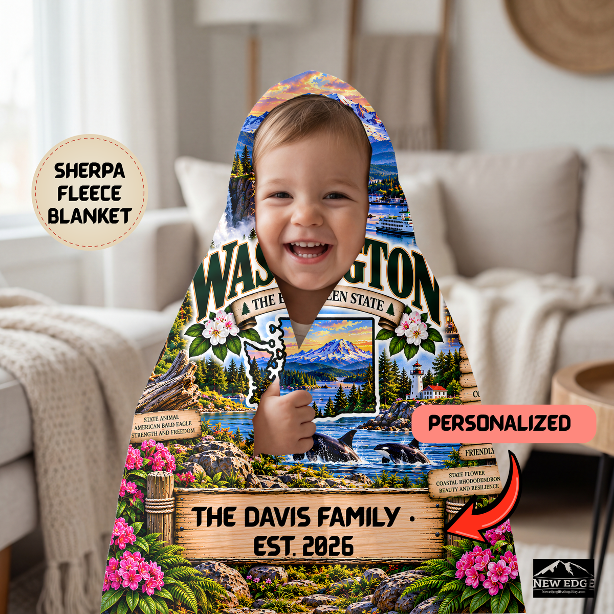 Washington Personalized Sherpa Fleece Blanket, Mount Rainier, Seattle Skyline, Orcas, Evergreen Forest