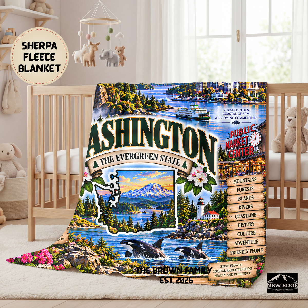 Washington Personalized Sherpa Fleece Blanket, Mount Rainier, Seattle Skyline, Orcas, Evergreen Forest