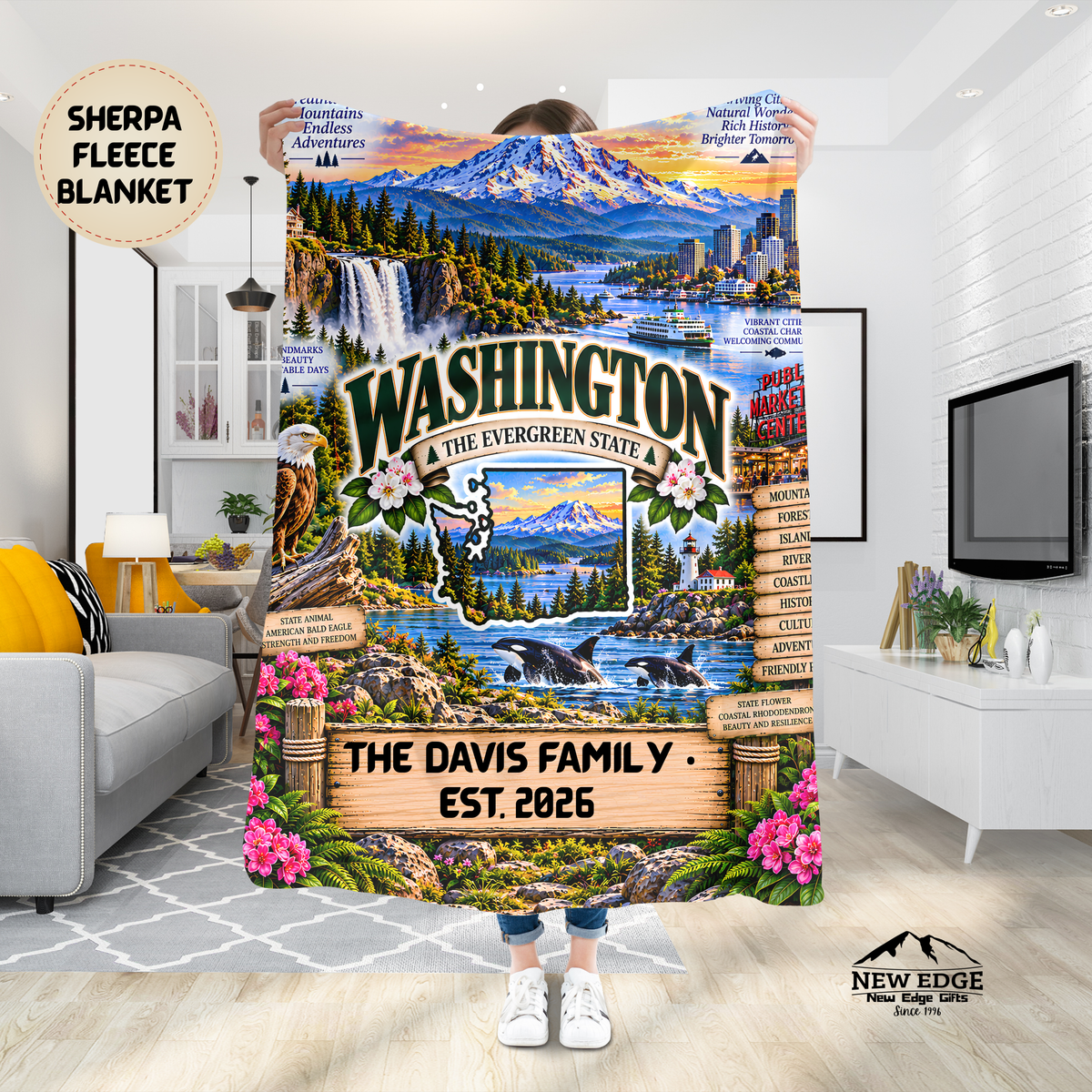Washington Personalized Sherpa Fleece Blanket, Mount Rainier, Seattle Skyline, Orcas, Evergreen Forest