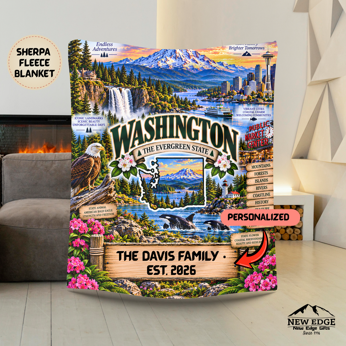 Washington Personalized Sherpa Fleece Blanket, Mount Rainier, Seattle Skyline, Orcas, Evergreen Forest