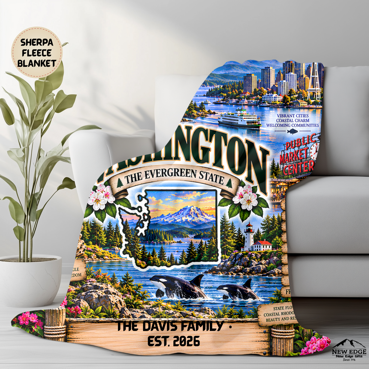 Washington Personalized Sherpa Fleece Blanket, Mount Rainier, Seattle Skyline, Orcas, Evergreen Forest