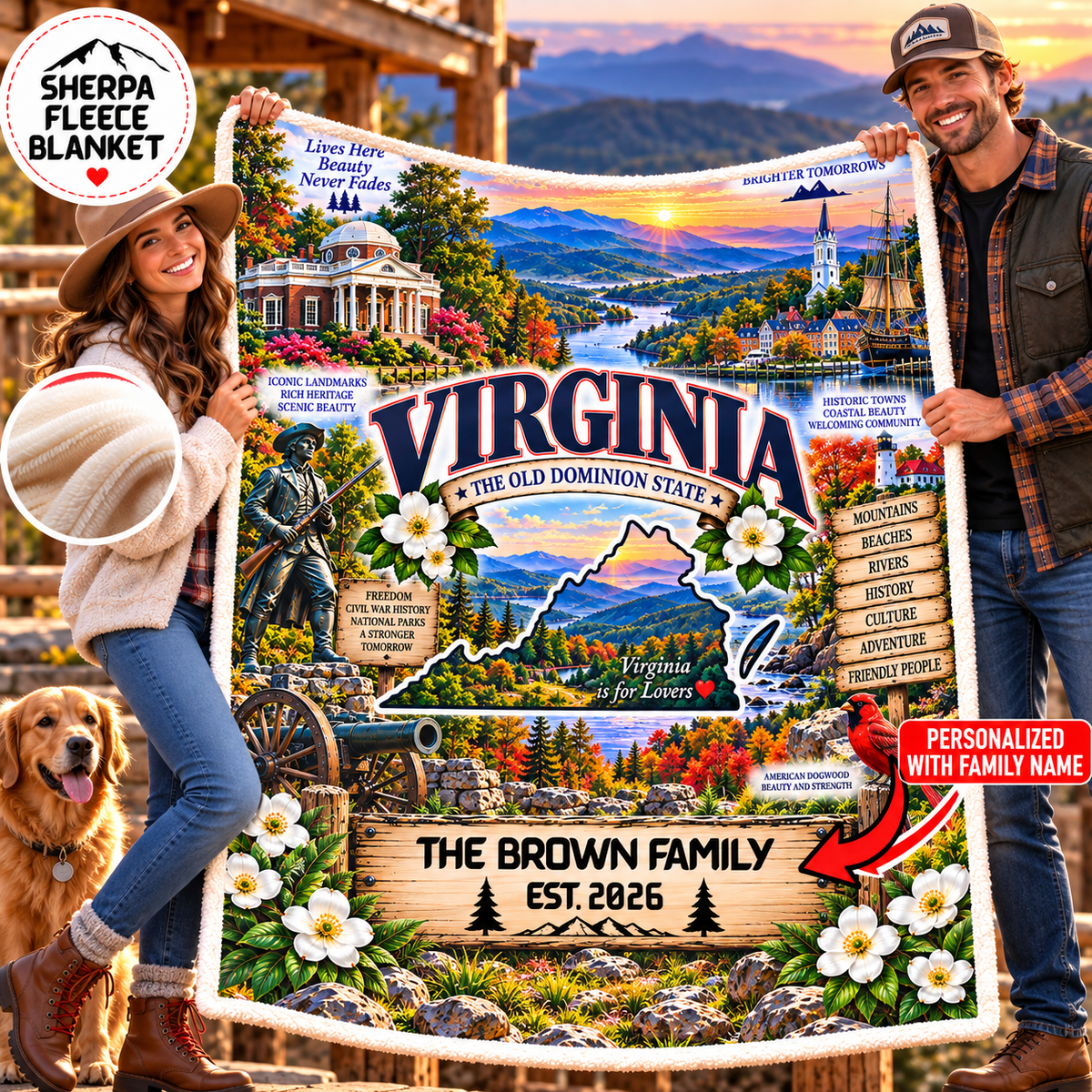 Virginia Personalized Sherpa Fleece Blanket, Blue Ridge Mountains, Dogwood, Coastal State Decor