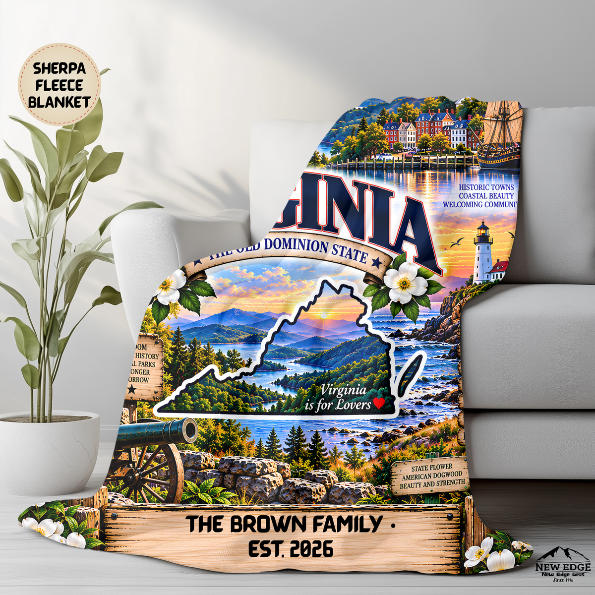 Virginia Personalized Sherpa Fleece Blanket, Blue Ridge Mountains, Dogwood, Coastal State Decor
