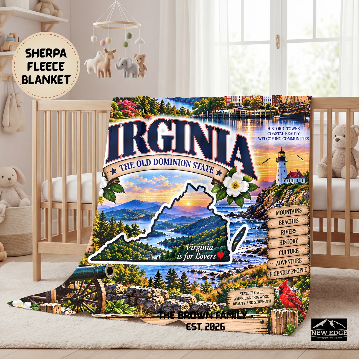 Virginia Personalized Sherpa Fleece Blanket, Blue Ridge Mountains, Dogwood, Coastal State Decor