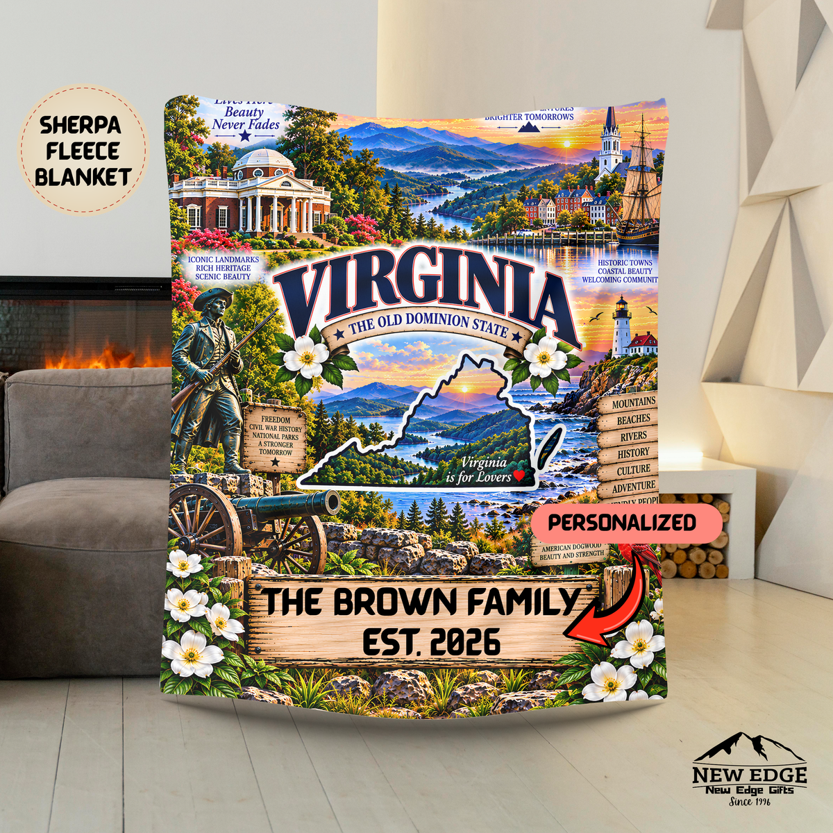 Virginia Personalized Sherpa Fleece Blanket, Blue Ridge Mountains, Dogwood, Coastal State Decor