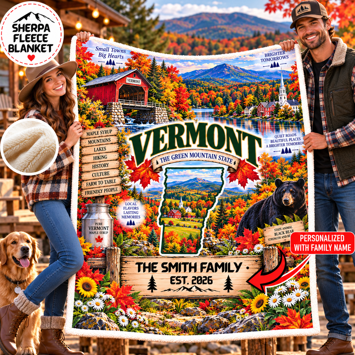 Vermont Personalized Sherpa Fleece Blanket, Green Mountains, Covered Bridge, Maple & Fall Foliage