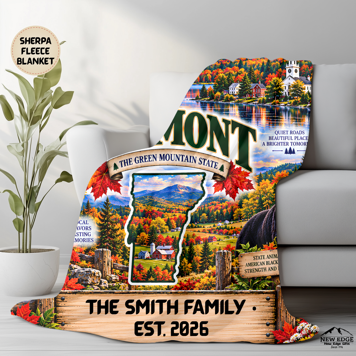 Vermont Personalized Sherpa Fleece Blanket, Green Mountains, Covered Bridge, Maple & Fall Foliage