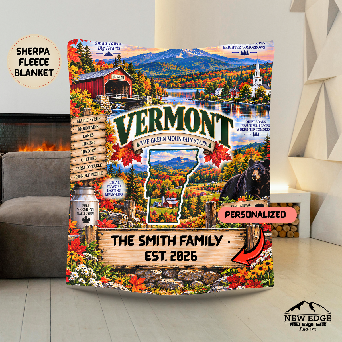 Vermont Personalized Sherpa Fleece Blanket, Green Mountains, Covered Bridge, Maple & Fall Foliage
