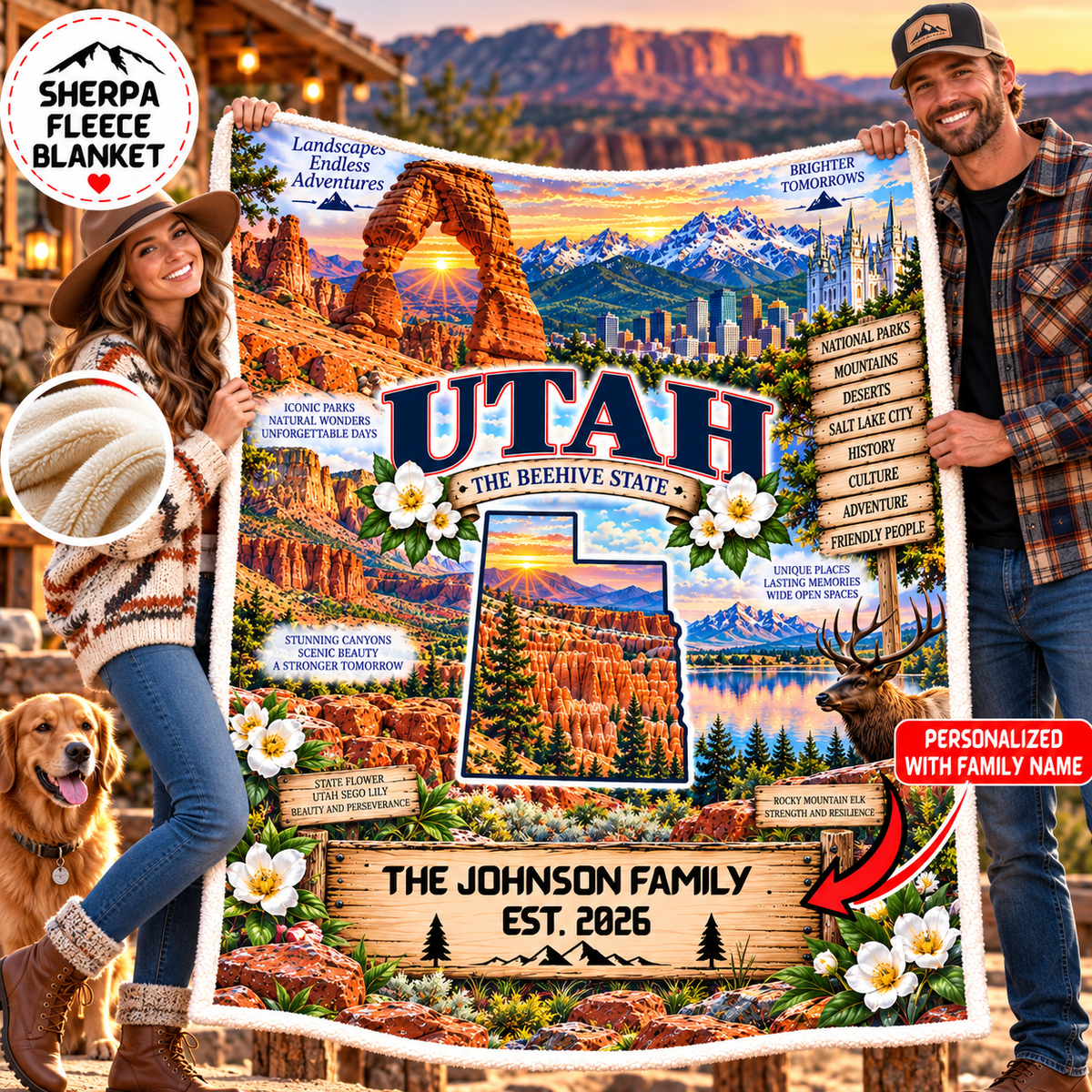 Utah Personalized Sherpa Fleece Blanket, Red Rock Arches Mountains Canyons Beehive State Heritage