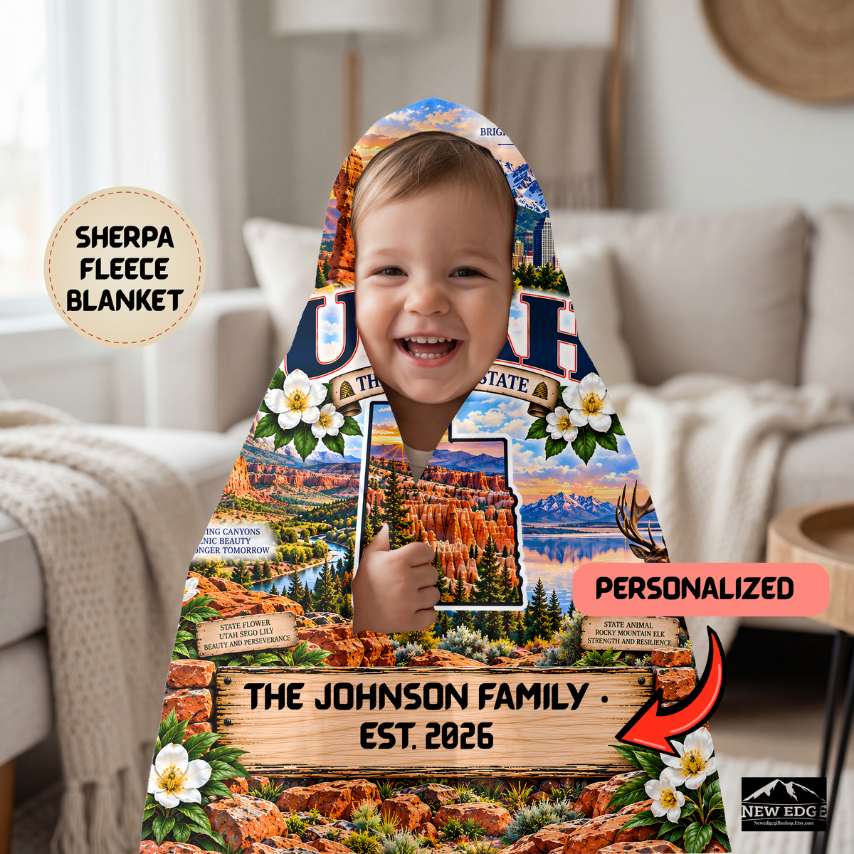 Utah Personalized Sherpa Fleece Blanket, Red Rock Arches Mountains Canyons Beehive State Heritage