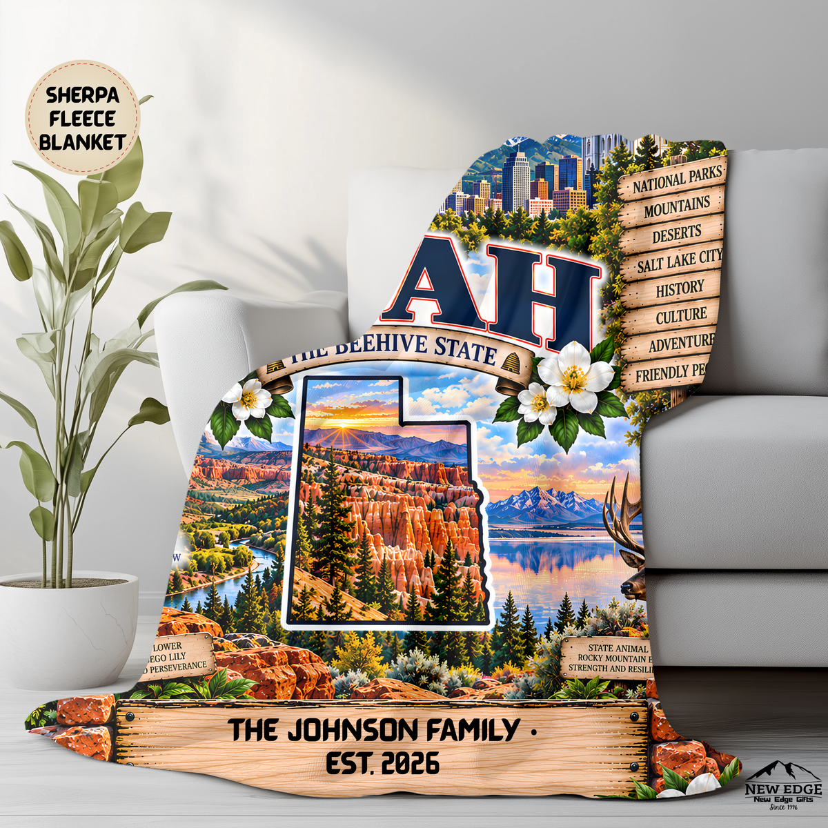 Utah Personalized Sherpa Fleece Blanket, Red Rock Arches Mountains Canyons Beehive State Heritage