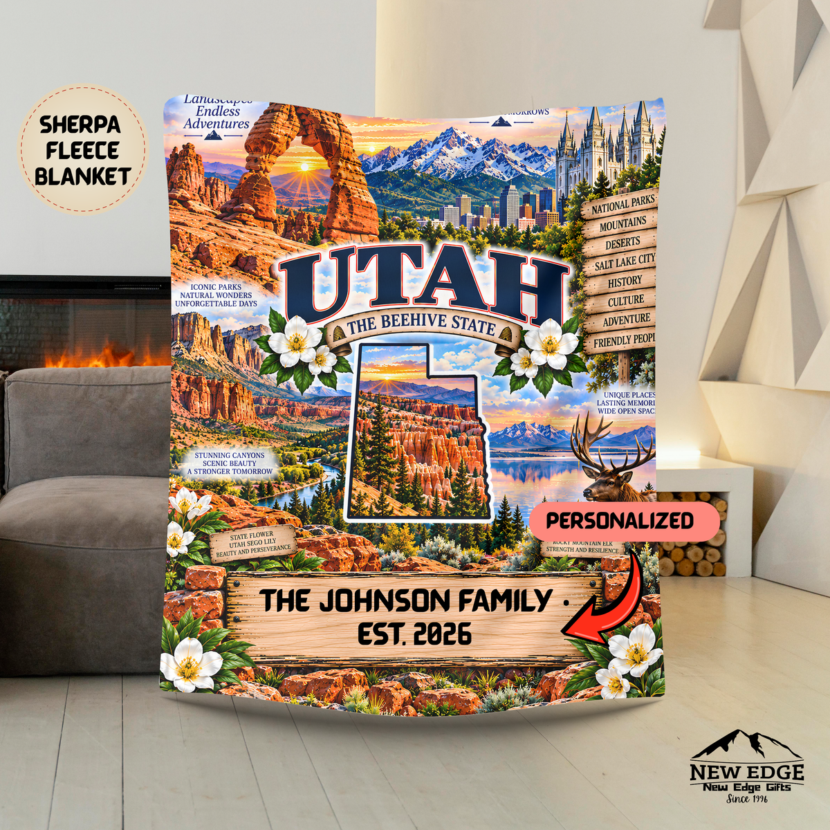 Utah Personalized Sherpa Fleece Blanket, Red Rock Arches Mountains Canyons Beehive State Heritage