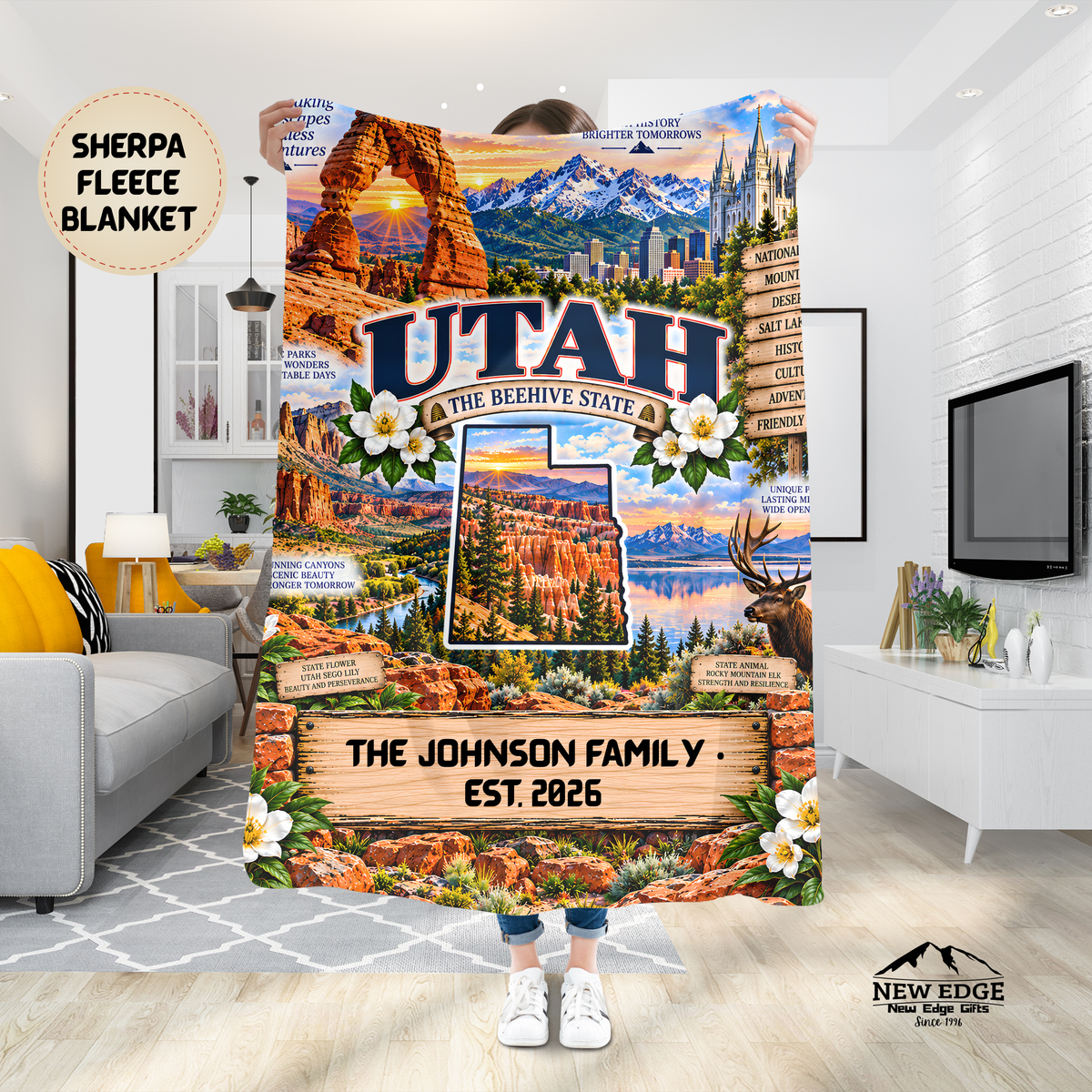 Utah Personalized Sherpa Fleece Blanket, Red Rock Arches Mountains Canyons Beehive State Heritage