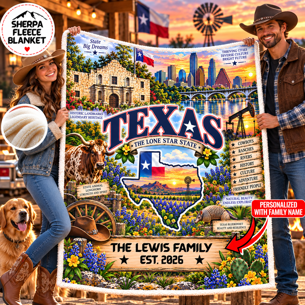 Texas Personalized Sherpa Fleece Blanket, Longhorn Bluebonnets Western Ranch Alamo State Heritage