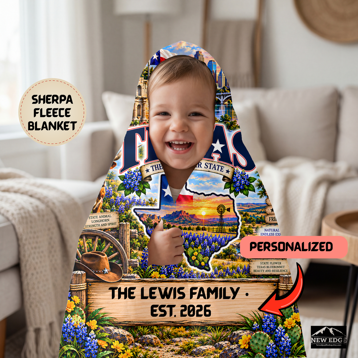 Texas Personalized Sherpa Fleece Blanket, Longhorn Bluebonnets Western Ranch Alamo State Heritage