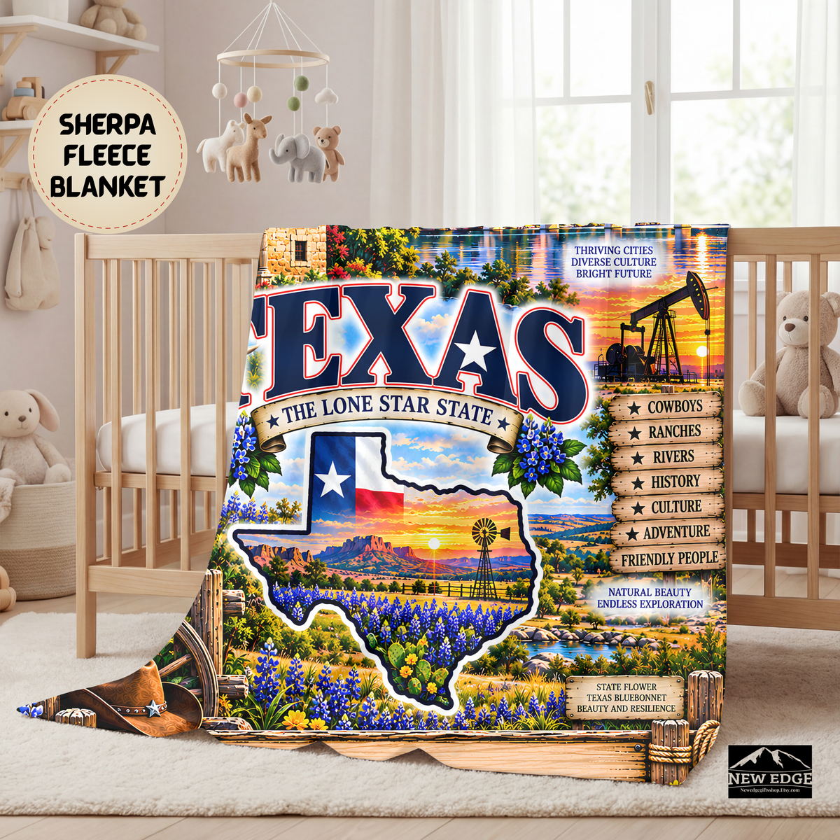 Texas Personalized Sherpa Fleece Blanket, Longhorn Bluebonnets Western Ranch Alamo State Heritage