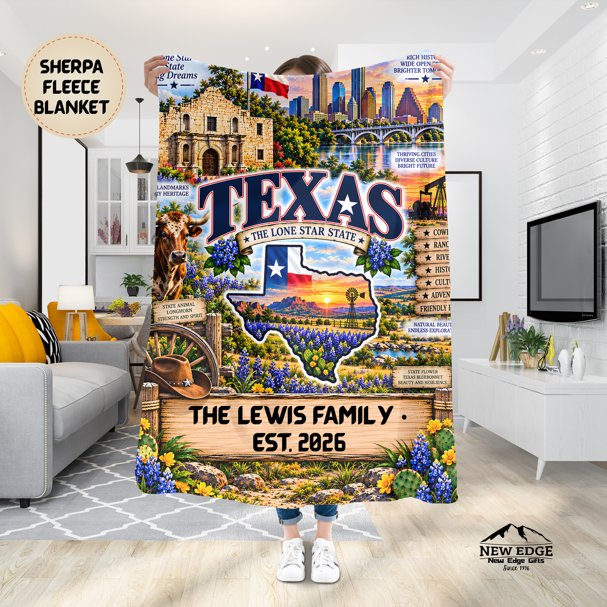 Texas Personalized Sherpa Fleece Blanket, Longhorn Bluebonnets Western Ranch Alamo State Heritage