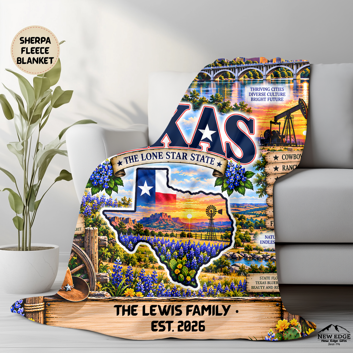 Texas Personalized Sherpa Fleece Blanket, Longhorn Bluebonnets Western Ranch Alamo State Heritage