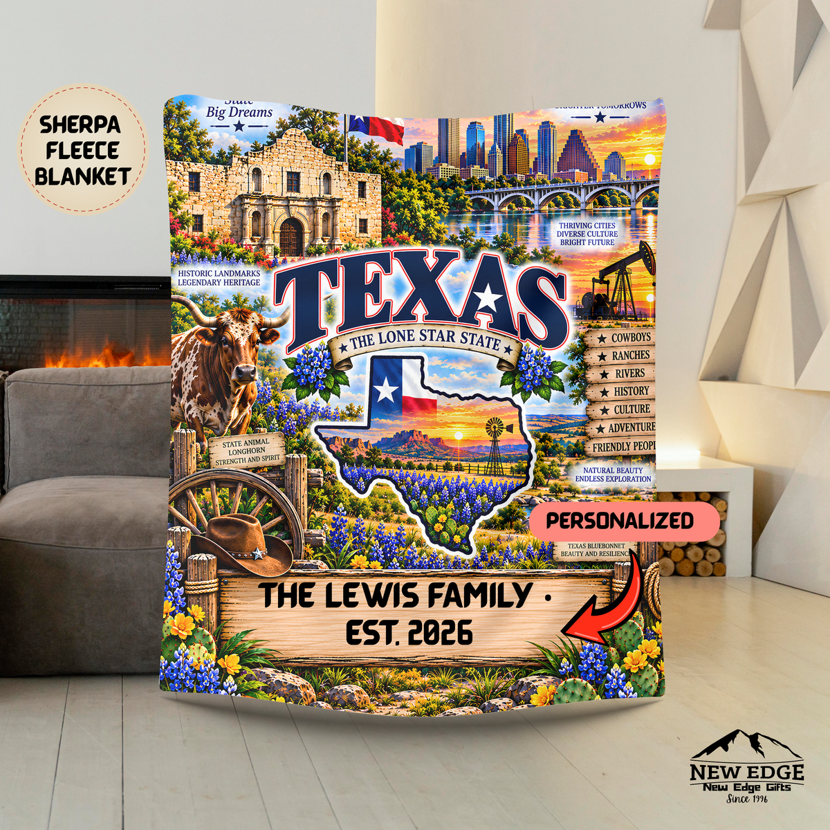 Texas Personalized Sherpa Fleece Blanket, Longhorn Bluebonnets Western Ranch Alamo State Heritage