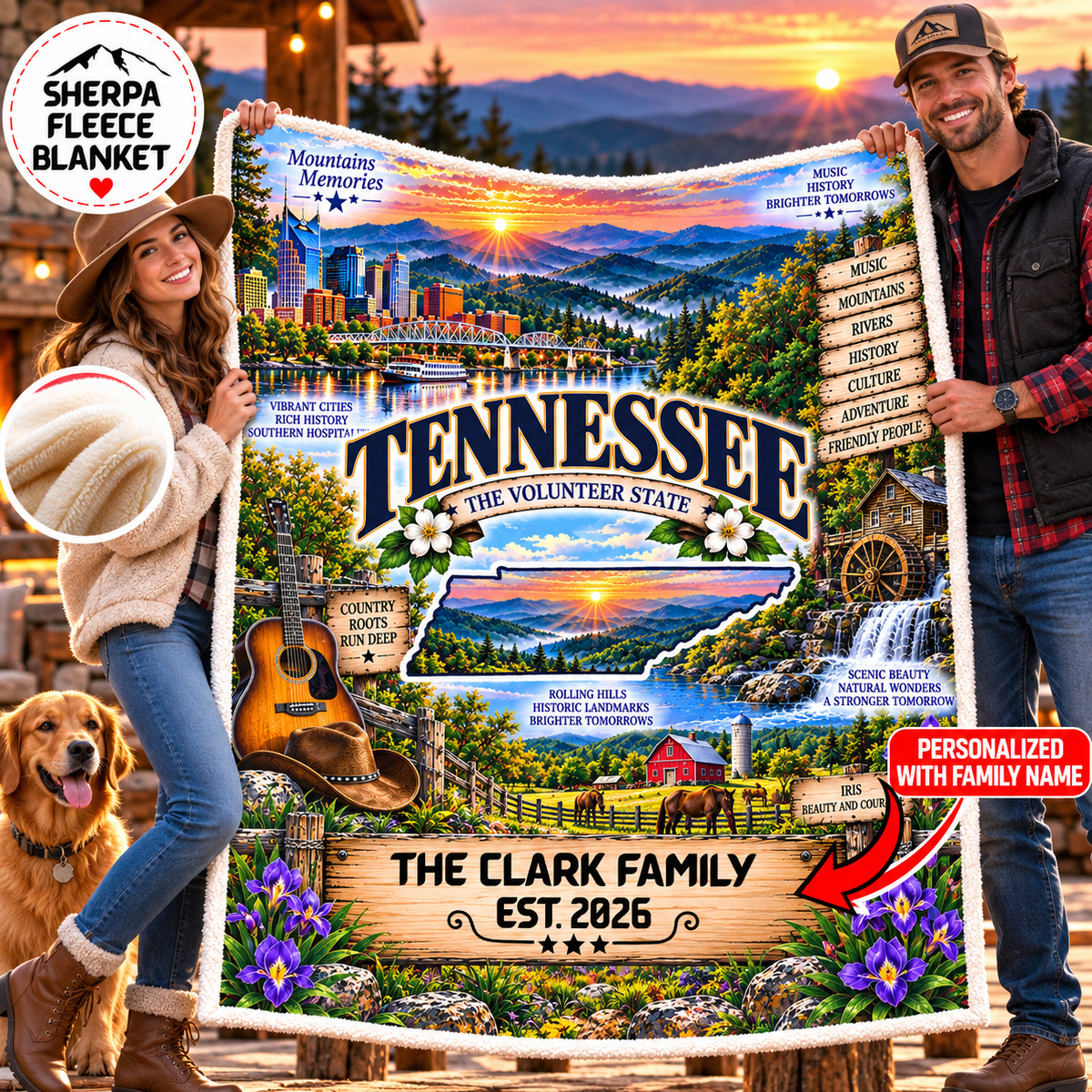 Tennessee Personalized Sherpa Fleece Blanket, Great Smoky Mountains Watermill Southern Heritage