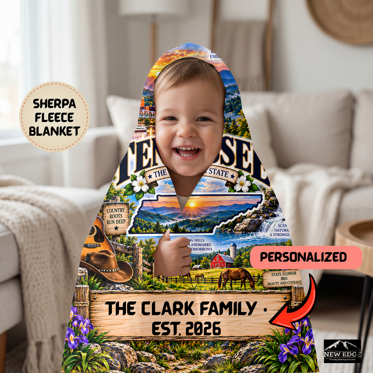 Tennessee Personalized Sherpa Fleece Blanket, Great Smoky Mountains Watermill Southern Heritage