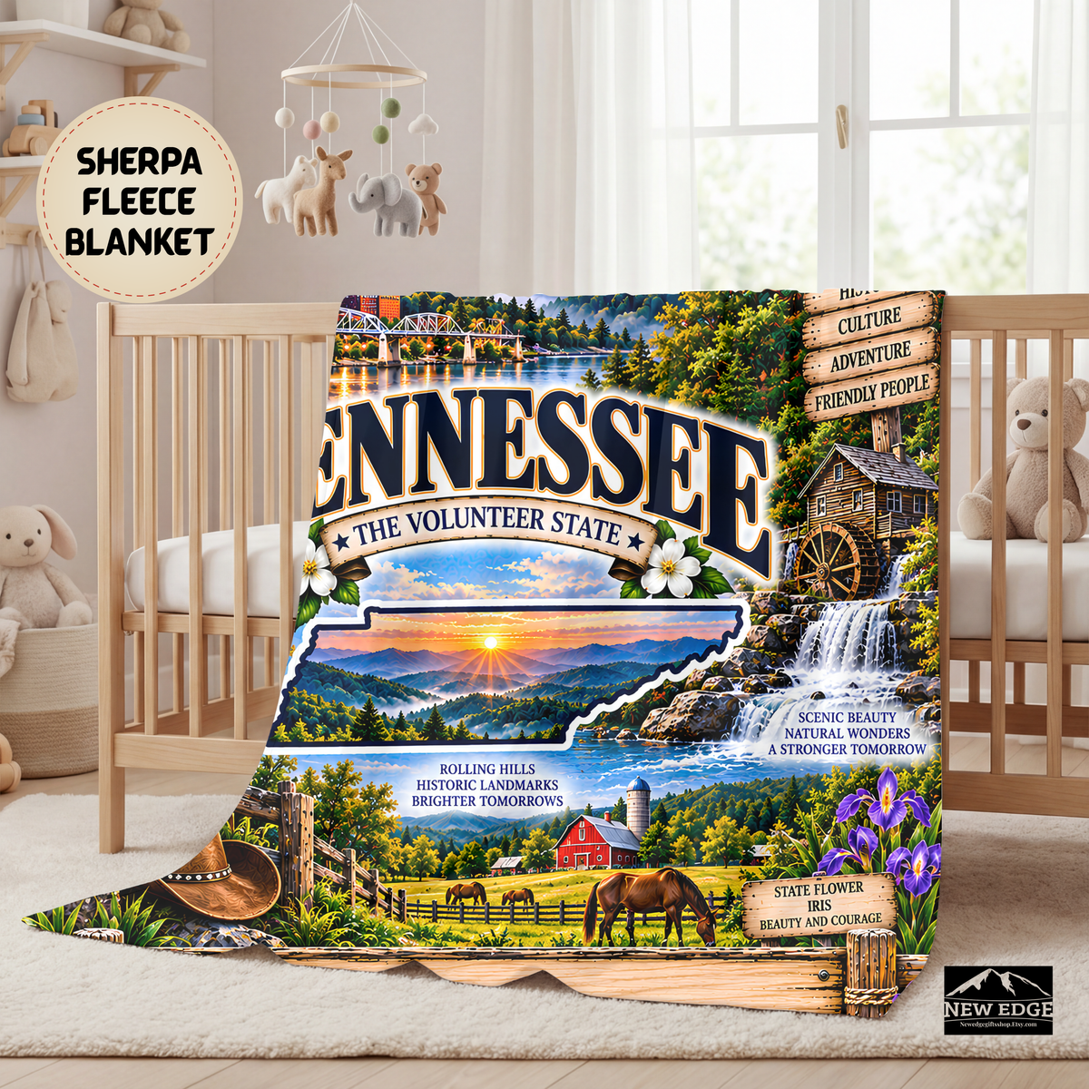 Tennessee Personalized Sherpa Fleece Blanket, Great Smoky Mountains Watermill Southern Heritage