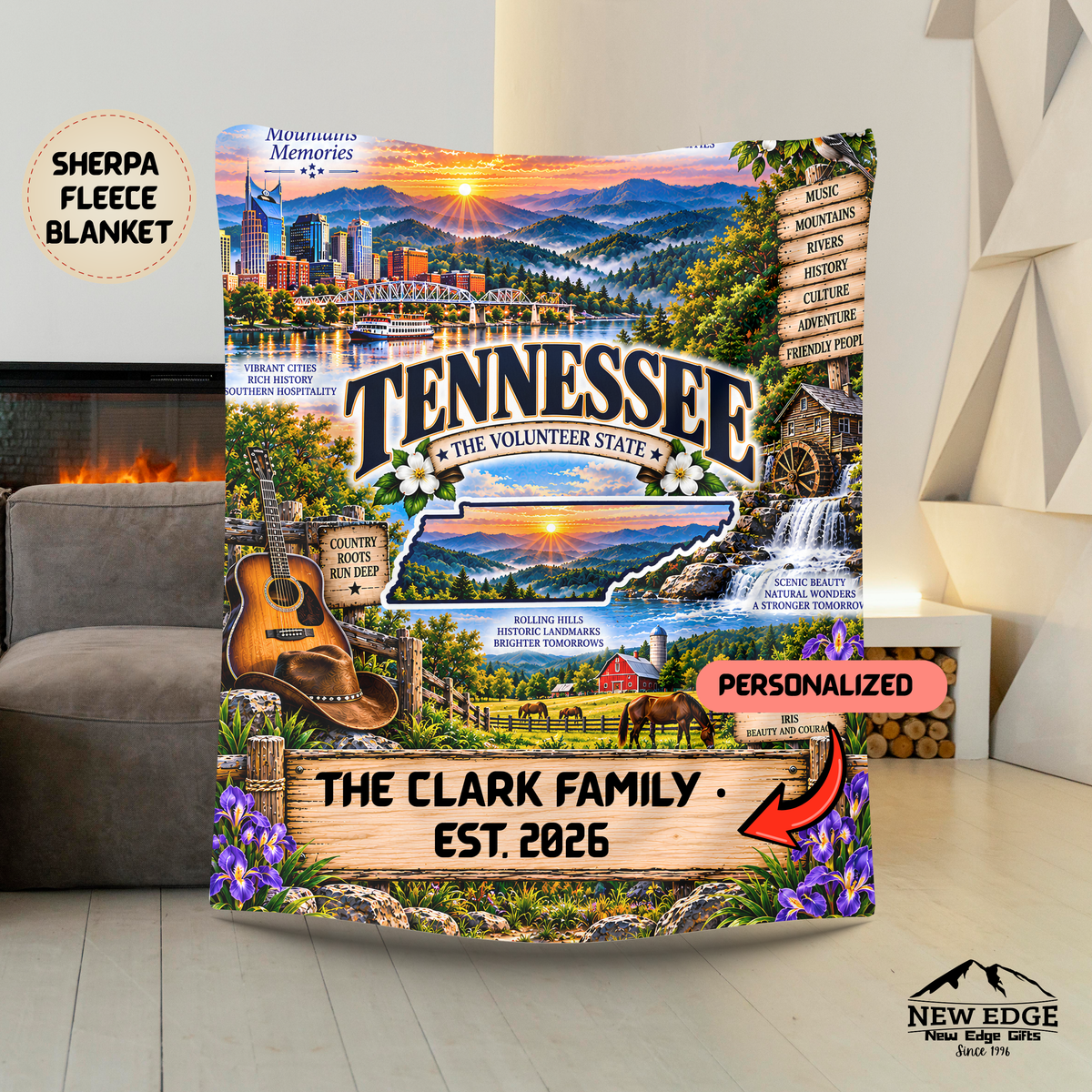 Tennessee Personalized Sherpa Fleece Blanket, Great Smoky Mountains Watermill Southern Heritage