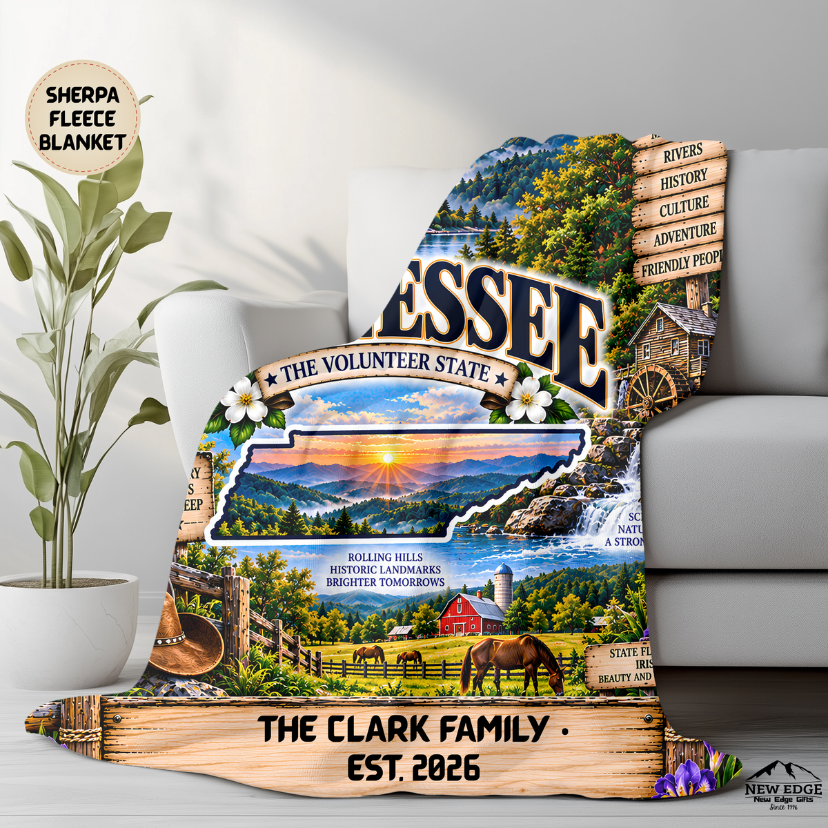 Tennessee Personalized Sherpa Fleece Blanket, Great Smoky Mountains Watermill Southern Heritage