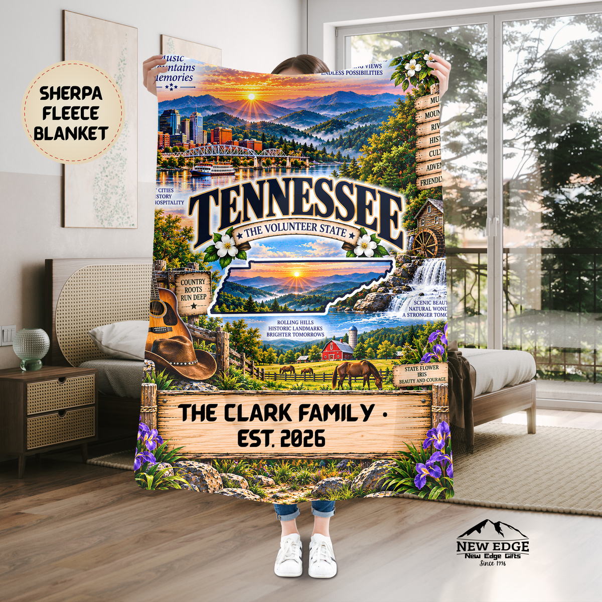 Tennessee Personalized Sherpa Fleece Blanket, Great Smoky Mountains Watermill Southern Heritage