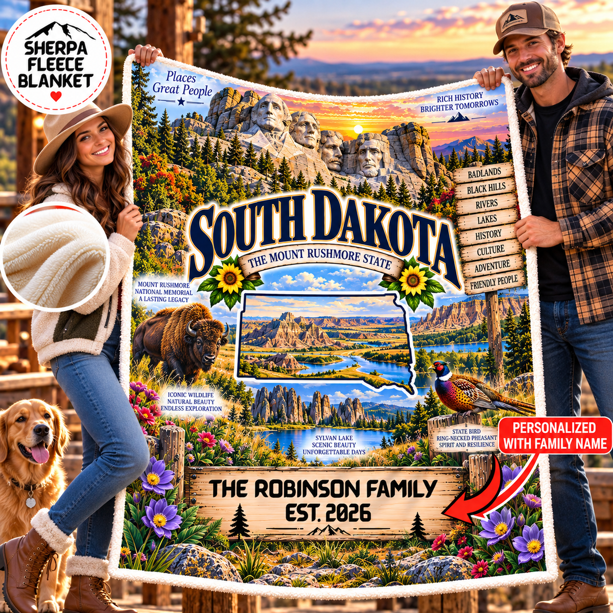 South Dakota state map collage Blanket | Mount Rushmore, Badlands, wildlife, customizable name