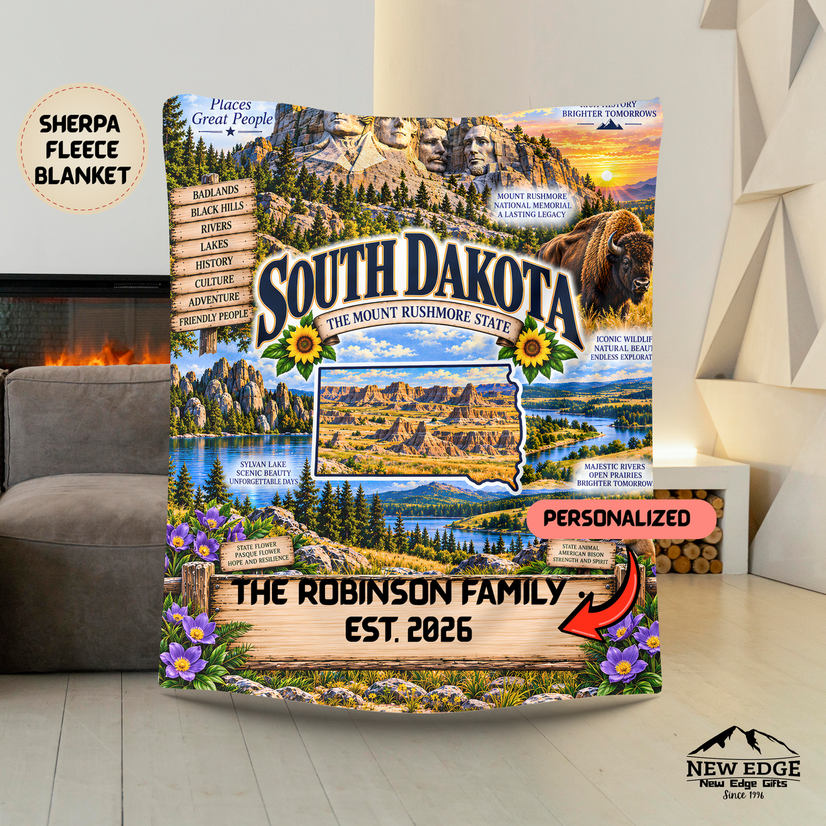 South Dakota state map collage Blanket | Mount Rushmore, Badlands, wildlife, customizable name