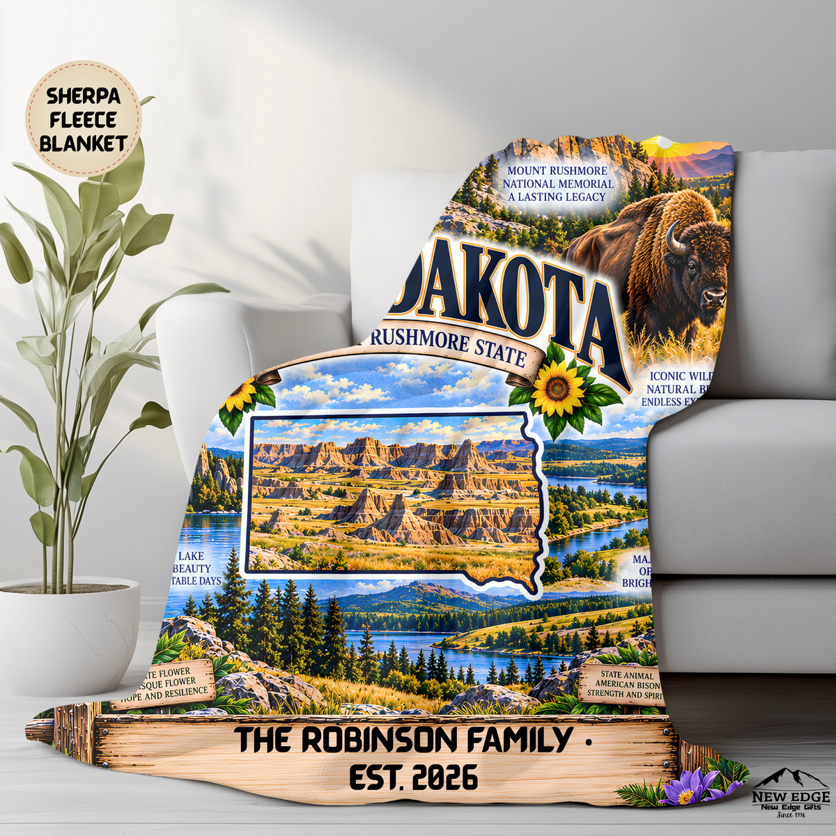 South Dakota state map collage Blanket | Mount Rushmore, Badlands, wildlife, customizable name