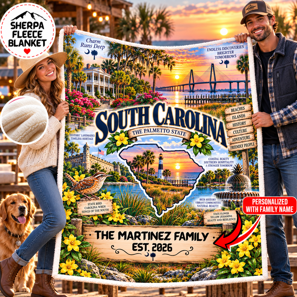 South Carolina Personalized Sherpa Fleece Blanket, Lowcountry Coast Lighthouse Palmetto State Heritage