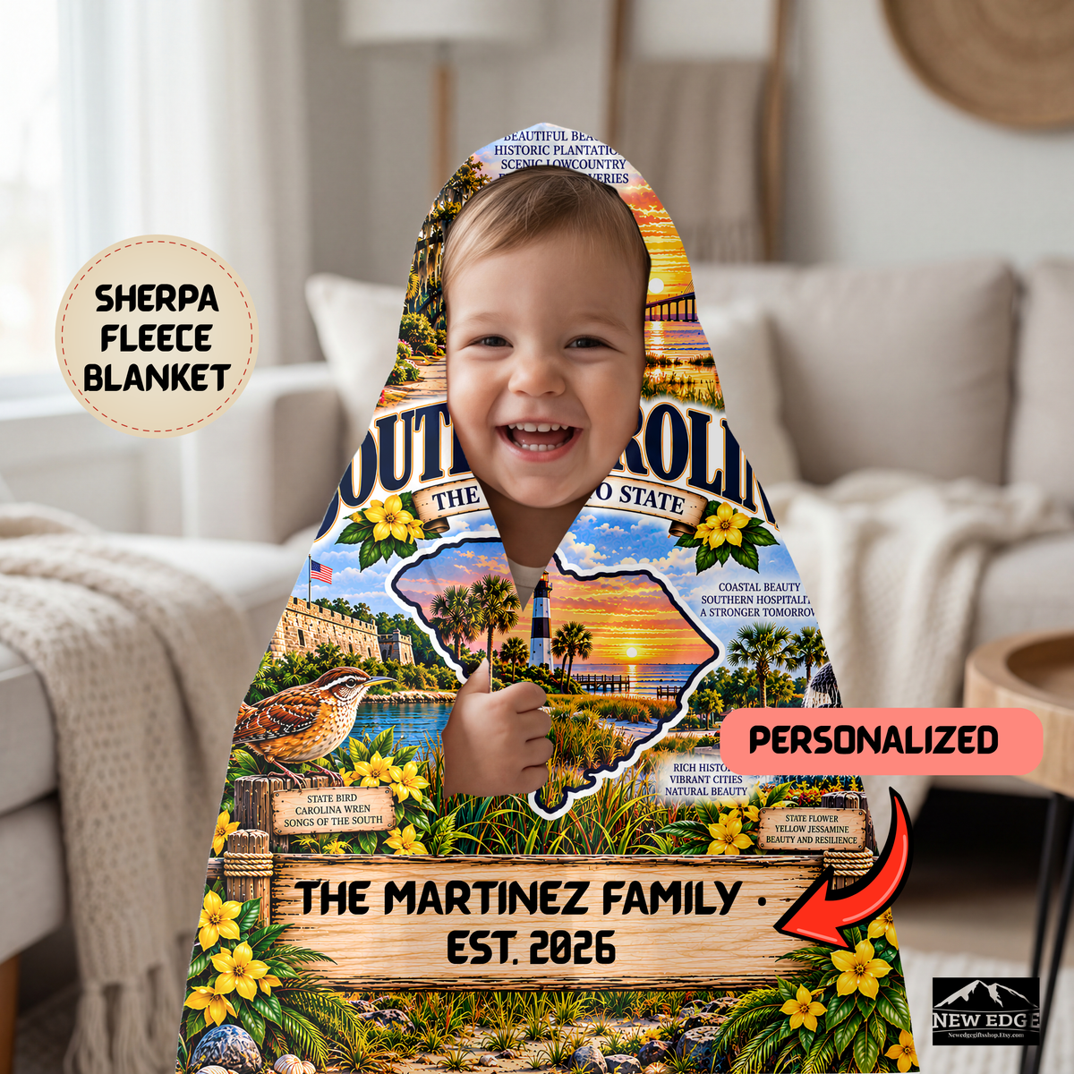 South Carolina Personalized Sherpa Fleece Blanket, Lowcountry Coast Lighthouse Palmetto State Heritage