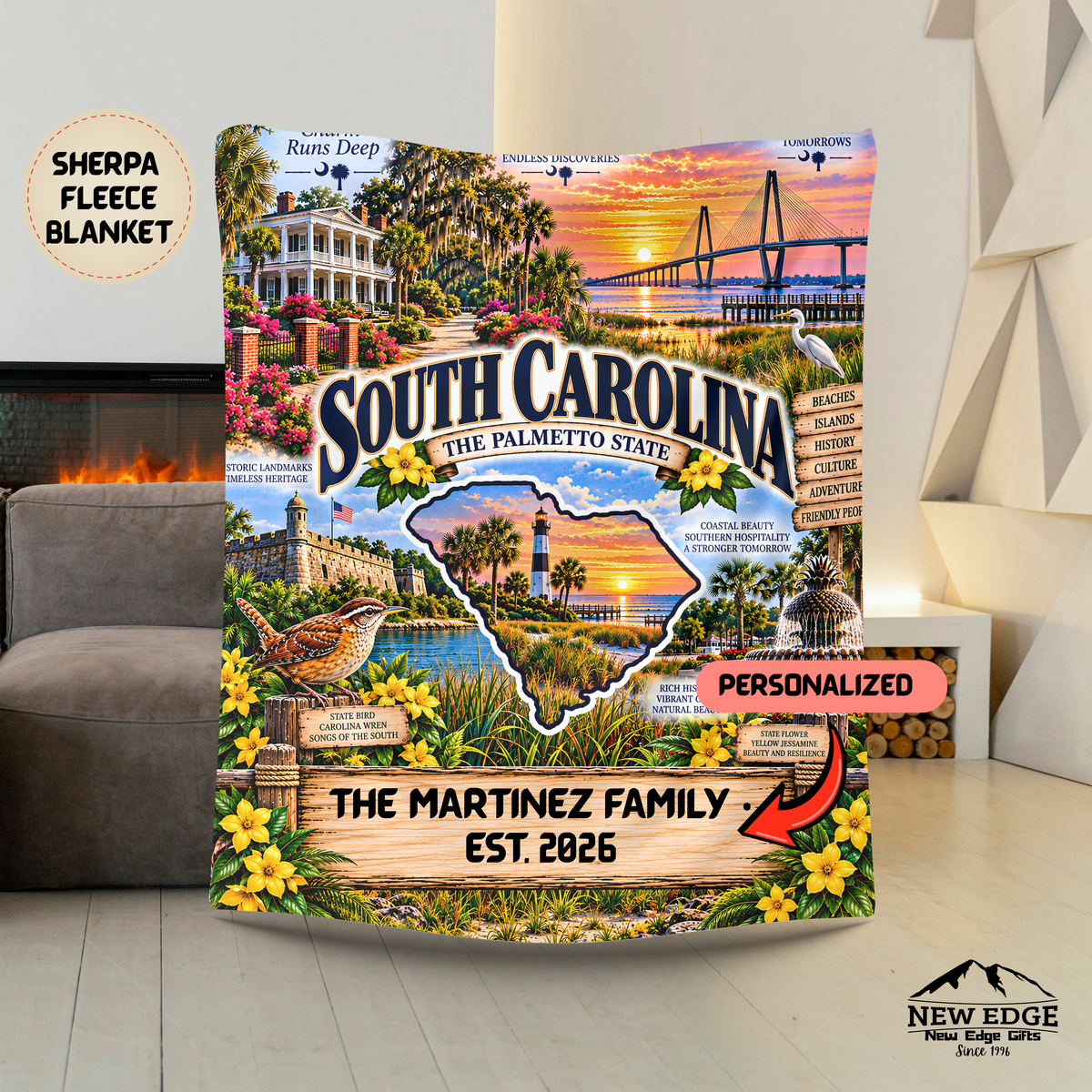 South Carolina Personalized Sherpa Fleece Blanket, Lowcountry Coast Lighthouse Palmetto State Heritage